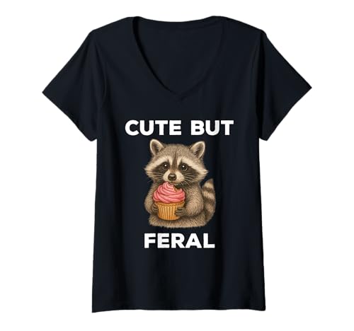 Damen Cute But Feral Funny Raccoon Cupcake T-Shirt mit V-Ausschnitt von Cute But Feral Funny Raccoon Apparel