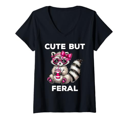 Damen Cute But Feral Funny Raccoon Glasses T-Shirt mit V-Ausschnitt von Cute But Feral Funny Raccoon Apparel