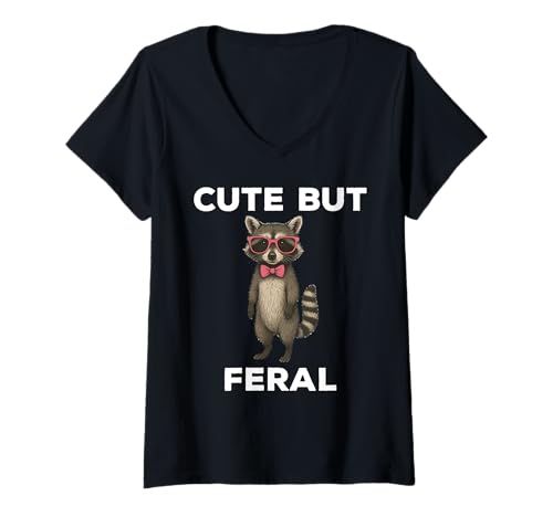 Damen Cute But Feral Funny Raccoon Glasses T-Shirt mit V-Ausschnitt von Cute But Feral Funny Raccoon Apparel