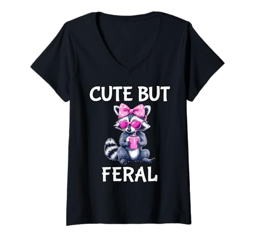 Damen Cute But Feral Funny Raccoon Sunglasses T-Shirt mit V-Ausschnitt Damen Cute But Feral Funny Raccoon Sunglasses T-Shirt mit V-Ausschnitt von Cute But Feral Funny Raccoon Apparel