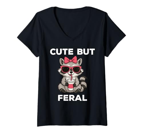 Damen Cute But Feral Funny Raccoon Sunglasses T-Shirt mit V-Ausschnitt Damen Cute But Feral Funny Raccoon Sunglasses T-Shirt mit V-Ausschnitt von Cute But Feral Funny Raccoon Apparel