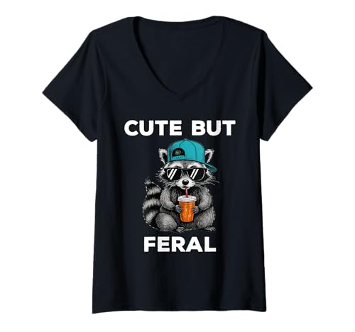 Damen Cute But Feral Funny Raccoon Sunglasses T-Shirt mit V-Ausschnitt Damen Cute But Feral Funny Raccoon Sunglasses T-Shirt mit V-Ausschnitt von Cute But Feral Funny Raccoon Apparel
