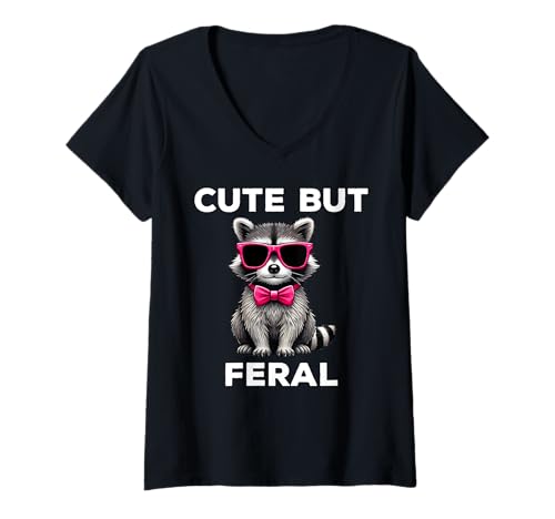 Damen Cute But Feral Funny Raccoon Sunglasses T-Shirt mit V-Ausschnitt Damen Cute But Feral Funny Raccoon Sunglasses T-Shirt mit V-Ausschnitt von Cute But Feral Funny Raccoon Apparel