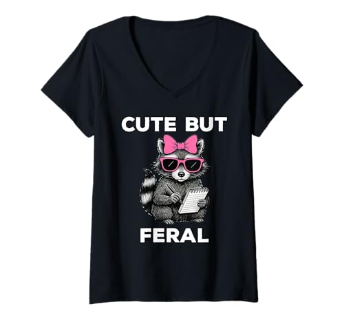 Damen Cute But Feral Funny Raccoon Sunglasses T-Shirt mit V-Ausschnitt Damen Cute But Feral Funny Raccoon Sunglasses T-Shirt mit V-Ausschnitt von Cute But Feral Funny Raccoon Apparel