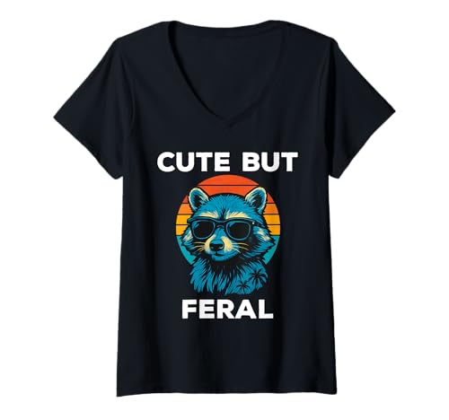 Damen Cute But Feral Funny Raccoon Sunglasses Vintage T-Shirt mit V-Ausschnitt Damen Cute But Feral Funny Raccoon Sunglasses Vintage T-Shirt mit V-Ausschnitt von Cute But Feral Funny Raccoon Apparel