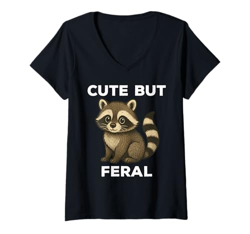 Damen Cute But Feral Funny Raccoon T-Shirt mit V-Ausschnitt von Cute But Feral Funny Raccoon Apparel