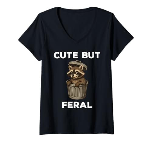 Damen Cute But Feral Funny Raccoon Trash Can T-Shirt mit V-Ausschnitt von Cute But Feral Funny Raccoon Apparel