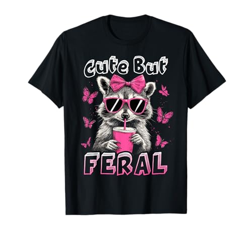 Süße aber wilde lustige Waschbär-Sonnenbrille mit rosa Schleife für Kinder und Mädchen T-Shirt von Cute But Feral Racoon With Sunglasses Kids Girls