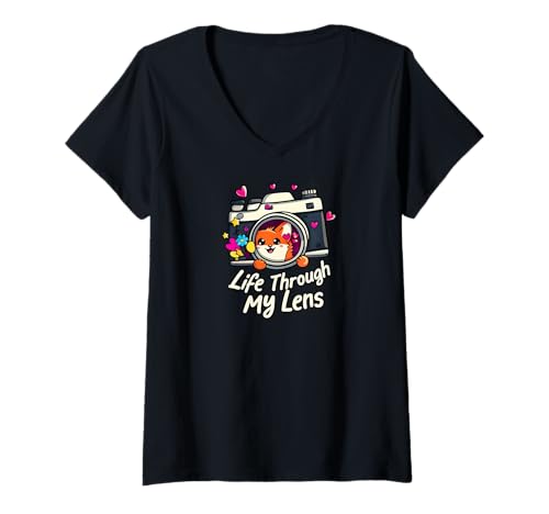 Damen Cute Fox Camera Lens Photography - Life Through My Lens T-Shirt mit V-Ausschnitt von Cute Camera Fox Studio