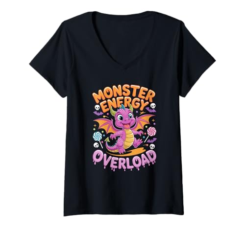 Damen Monster Overload Süßigkeitendrache Halloween T-Shirt mit V-Ausschnitt Damen Monster Overload Süßigkeitendrache Halloween T-Shirt mit V-Ausschnitt von Cute Candy Dragon Halloween Kids Theme