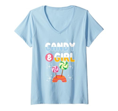 Damen Süßes Candy Girl Shirt Regenbogen Zuckerwatte T-Shirt mit V-Ausschnitt Damen Süßes Candy Girl Shirt Regenbogen Zuckerwatte T-Shirt mit V-Ausschnitt von Cute Candy Girl Sweet Treats Kids Gift Halloween