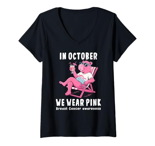 Damen In October We Wear Pink Cute Capybara Breast Cancer Awarenes T-Shirt mit V-Ausschnitt Damen In October We Wear Pink Cute Capybara Breast Cancer Awarenes T-Shirt mit V-Ausschnitt von Cute Capybara Breast Cancer T-shirt