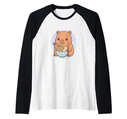 Capybara Eating Ramen Kawaii Japanisches Essen Männer Frauen Kinder Raglan von Cute Capybara Capy Ramen Noodles Lover Merch Gifts