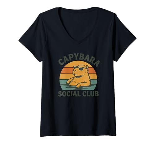 Damen Capybara Social Club T-Shirt mit V-Ausschnitt Damen Capybara Social Club T-Shirt mit V-Ausschnitt von Cute Capybara Design Co.