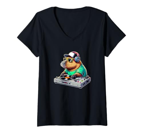 Damen Capybara DJ - Musik - Cool Capybara Vibes - Funny Capybara T-Shirt mit V-Ausschnitt Damen Capybara DJ - Musik - Cool Capybara Vibes - Funny Capybara T-Shirt mit V-Ausschnitt von Cute Capybara - Dj Capybara