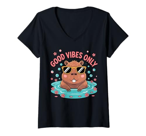 Damen Good Vibes Only - Cool Capybara Vibes - Lustiges Capybara-Geschenk T-Shirt mit V-Ausschnitt Damen Good Vibes Only - Cool Capybara Vibes - Lustiges Capybara-Geschenk T-Shirt mit V-Ausschnitt von Cute Capybara - Good Vibes Only - Capybara