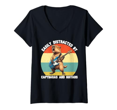 Damen Leicht abgelenkt von Capybaras und Gitarren Grafik Jungen Kinder T-Shirt mit V-Ausschnitt von Cute Capybara Guitar Tees for Girls Boys Women