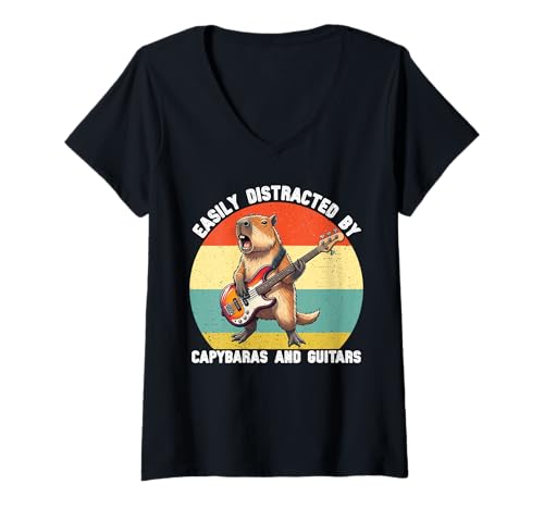 Damen Leicht abgelenkt von Capybaras und Gitarren Grafik Kinder Jungen T-Shirt mit V-Ausschnitt von Cute Capybara Guitar Tees for Girls Boys Women