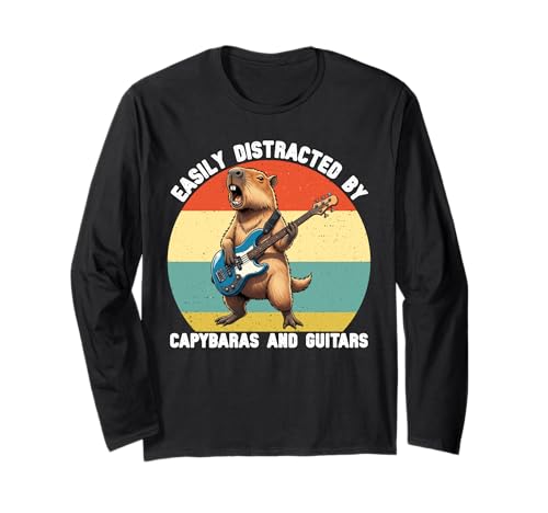 Leicht abgelenkt von Capybaras und Gitarren Grafik Jungen Kinder Langarmshirt von Cute Capybara Guitar Tees for Girls Boys Women