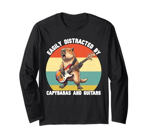 Leicht abgelenkt von Capybaras und Gitarren Grafik Kinder Jungen Langarmshirt von Cute Capybara Guitar Tees for Girls Boys Women