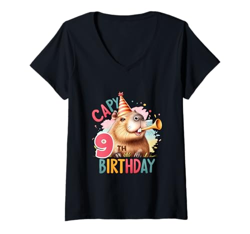 Damen Capybara Geburtstagsparty-Dekoration für Kinder T-Shirt mit V-Ausschnitt Damen Capybara Geburtstagsparty-Dekoration für Kinder T-Shirt mit V-Ausschnitt von Cute Capybara Lover Kids Birthday Apparel Age 1-12