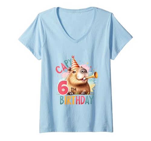 Damen Capybara Geburtstagsparty-Dekoration für Kinder T-Shirt mit V-Ausschnitt Damen Capybara Geburtstagsparty-Dekoration für Kinder T-Shirt mit V-Ausschnitt von Cute Capybara Lover Kids Birthday Apparel Age 1-12