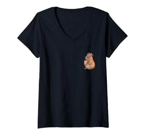 Damen Süße Capybara Kawaii Anime-Mädchen, die Bubble Tea Trinken T-Shirt mit V-Ausschnitt Damen Süße Capybara Kawaii Anime-Mädchen, die Bubble Tea Trinken T-Shirt mit V-Ausschnitt von Cute Capybara Nature