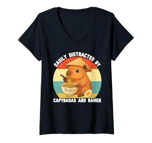 Damen Leicht abgelenkt von Capybaras und Ramen Graphic Kids Teens T-Shirt mit V-Ausschnitt von Cute Capybara Ramen Tees for Girls Boys Women