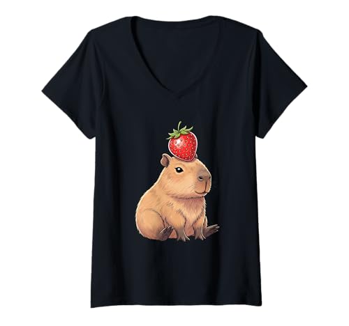 Damen Capybara mit Erdbeere auf dem Kopf Süße Capybara T-Shirt mit V-Ausschnitt von Cute Capybara Strawberry Graphic Co.