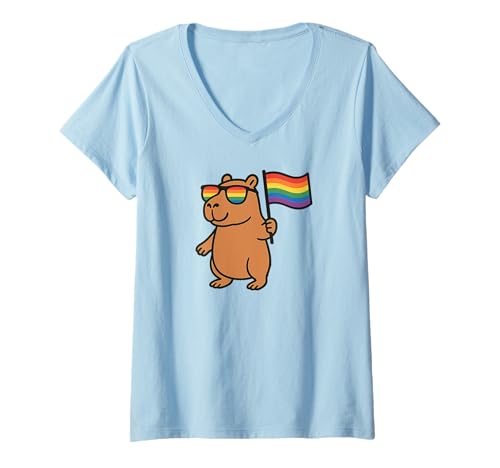 Damen Gay Pride Capybara T-Shirt mit V-Ausschnitt Damen Gay Pride Capybara T-Shirt mit V-Ausschnitt von Cute Cartoon Capybara wearing Gay Pride Sunglasses