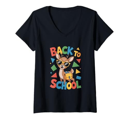 Damen Groovy Back to School Deer 70er Retro Sunshine Design T-Shirt mit V-Ausschnitt Damen Groovy Back to School Deer 70er Retro Sunshine Design T-Shirt mit V-Ausschnitt von Cute Cartoon Deer with Backpack