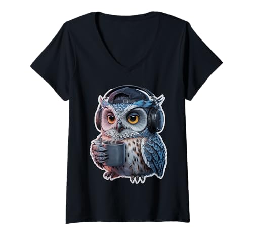 Damen Niedliche Cartoon-Eule mit Kopfhörern, nächtlicher Lebensstil T-Shirt mit V-Ausschnitt Damen Niedliche Cartoon-Eule mit Kopfhörern, nächtlicher Lebensstil T-Shirt mit V-Ausschnitt von Cute Cartoon Owl with Headphones
