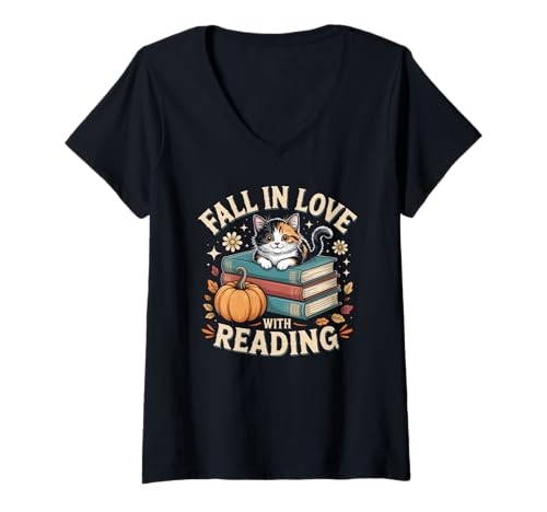 Damen Herbst Reading Cute Cat Bücher & Kürbis Herbst T-Shirt mit V-Ausschnitt von Cute Cat Books & Pumpkin Autumn Book Lover