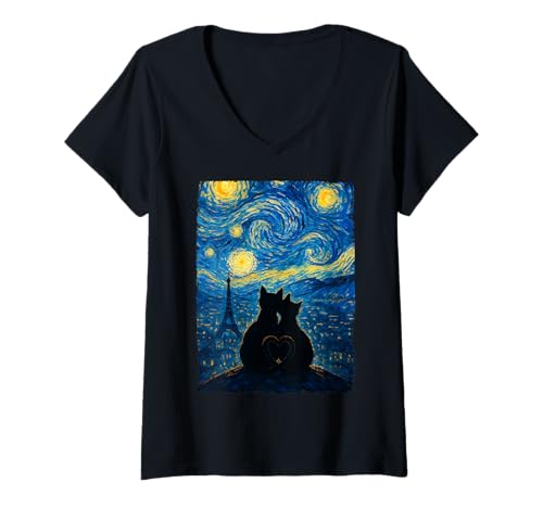 Damen Niedliches Katzenpaar Die Sternennacht Paris Frankreich Himmel Katzen Liebhaber T-Shirt mit V-Ausschnitt von Cute Cat Couple Starry Night Paris Sky Cats lover