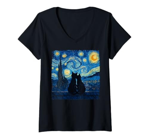 Damen Niedliches Katzenpaar Der Sternenhimmel Katzen Liebhaber Männer Frauen T-Shirt mit V-Ausschnitt von Cute Cat Couple The Starry Night Sky Cats lover