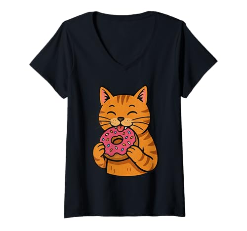 Damen Kawaii Cat Eating Donut T-Shirt mit V-Ausschnitt von Cute Cat Eating Donut Food Lover Apparel