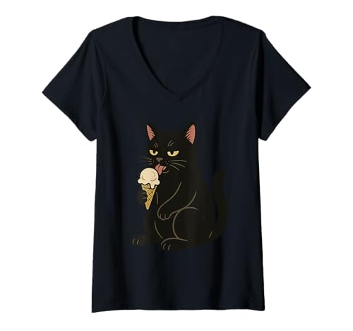 Damen Cute Black Cat Eating Ice Cream T-Shirt mit V-Ausschnitt Damen Cute Black Cat Eating Ice Cream T-Shirt mit V-Ausschnitt von Cute Cat Eating Ice Cream Food Lover Apparel