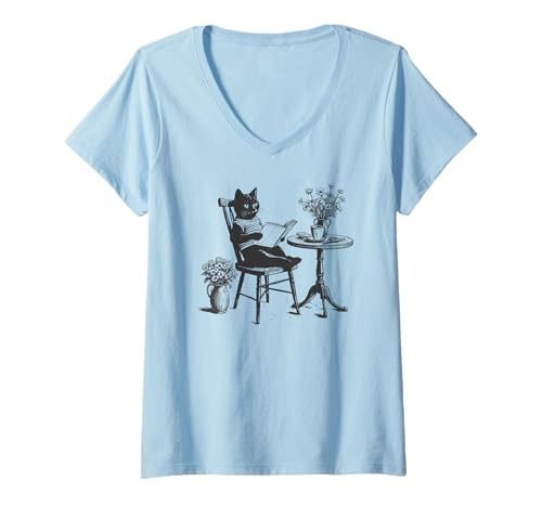 Damen Niedliche Katze Lesebuch Lustige Illustration T-Shirt mit V-Ausschnitt Damen Niedliche Katze Lesebuch Lustige Illustration T-Shirt mit V-Ausschnitt von Cute Cat Funny Illustration