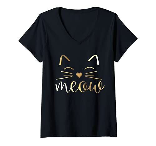 Damen Meow Cute Cat Face Lustiges Zitat für Katzenfans T-Shirt mit V-Ausschnitt von Cute Cat Funny Shop