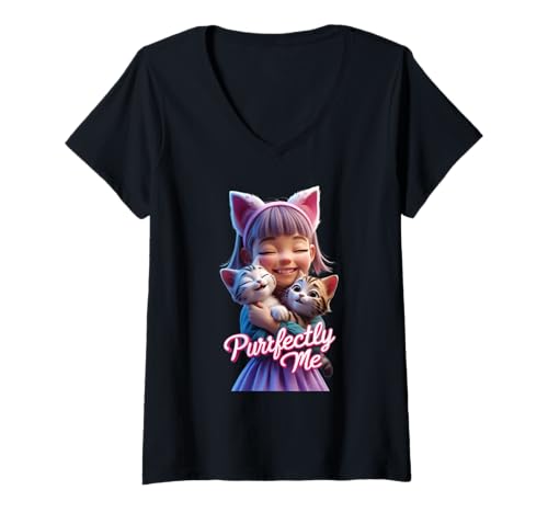 Damen Niedliches Katzenmädchen, lustiges Unisex-Design für Männer und Frauen T-Shirt mit V-Ausschnitt von Cute Cat Girl Funny Unisex Design Men Women Tee