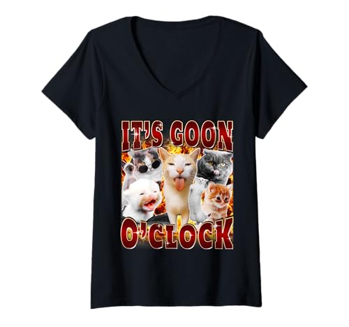 Damen Es ist Goon O'Clock Lustiges Meme-Gen-Z-Humor-Joke-Bootleg T-Shirt mit V-Ausschnitt Damen Es ist Goon O'Clock Lustiges Meme-Gen-Z-Humor-Joke-Bootleg T-Shirt mit V-Ausschnitt von Cute Cat Goon O'Clock Cringe Hilarious Sarcastic