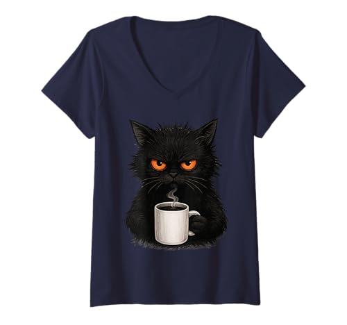 Damen Lustige Morgenkatze, die Kaffee trinkt, niedliche Tiere, Katzenliebhaber T-Shirt mit V-Ausschnitt Damen Lustige Morgenkatze, die Kaffee trinkt, niedliche Tiere, Katzenliebhaber T-Shirt mit V-Ausschnitt von Cute Cat Humor Teachers Holiday Birthday Introvert