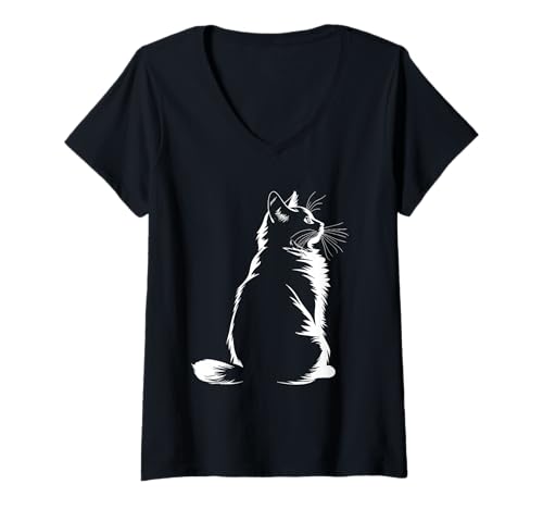 Damen Katzenliebhaber Kätzchen Illustration Katze Frauen Mama Minimalistische Kunst T-Shirt mit V-Ausschnitt von Cute Cat Illustration Minimalist Art
