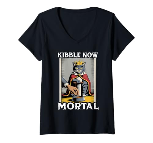 Damen Funny Cat Kibble Now Mortal Cat Lover Cat T-Shirt mit V-Ausschnitt von Cute Cat Lover Designs