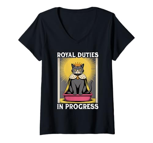 Damen Funny Cat Royal Pflichten In Progress Katzentoilette Katze T-Shirt mit V-Ausschnitt von Cute Cat Lover Designs