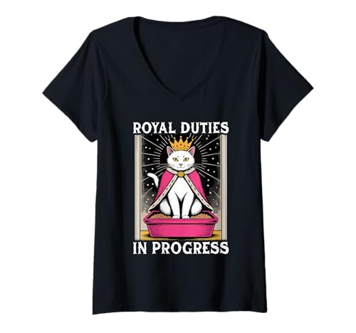 Damen Funny Cat Royal Pflichten In Progress Katzentoilette Katze T-Shirt mit V-Ausschnitt von Cute Cat Lover Designs