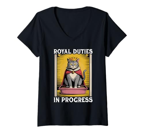 Damen Funny Cat Royal Pflichten In Progress Katzentoilette Katze T-Shirt mit V-Ausschnitt von Cute Cat Lover Designs