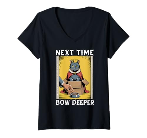 Damen Lustige Katze im Karton nächstes Mal Bow Deeper Cat Lover Cat T-Shirt mit V-Ausschnitt von Cute Cat Lover Designs
