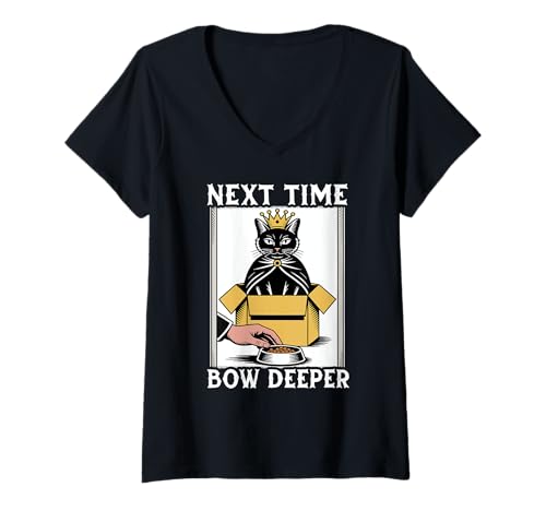 Damen Lustige Katze im Karton nächstes Mal Bow Deeper Cat Lover Cat T-Shirt mit V-Ausschnitt von Cute Cat Lover Designs