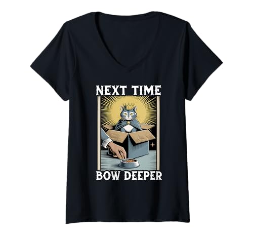 Damen Lustige Katze im Karton nächstes Mal Bow Deeper Cat Lover Cat T-Shirt mit V-Ausschnitt von Cute Cat Lover Designs